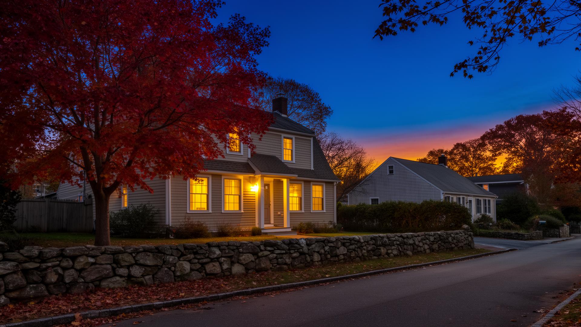 A quiet southeastern Massachusetts street at dusk