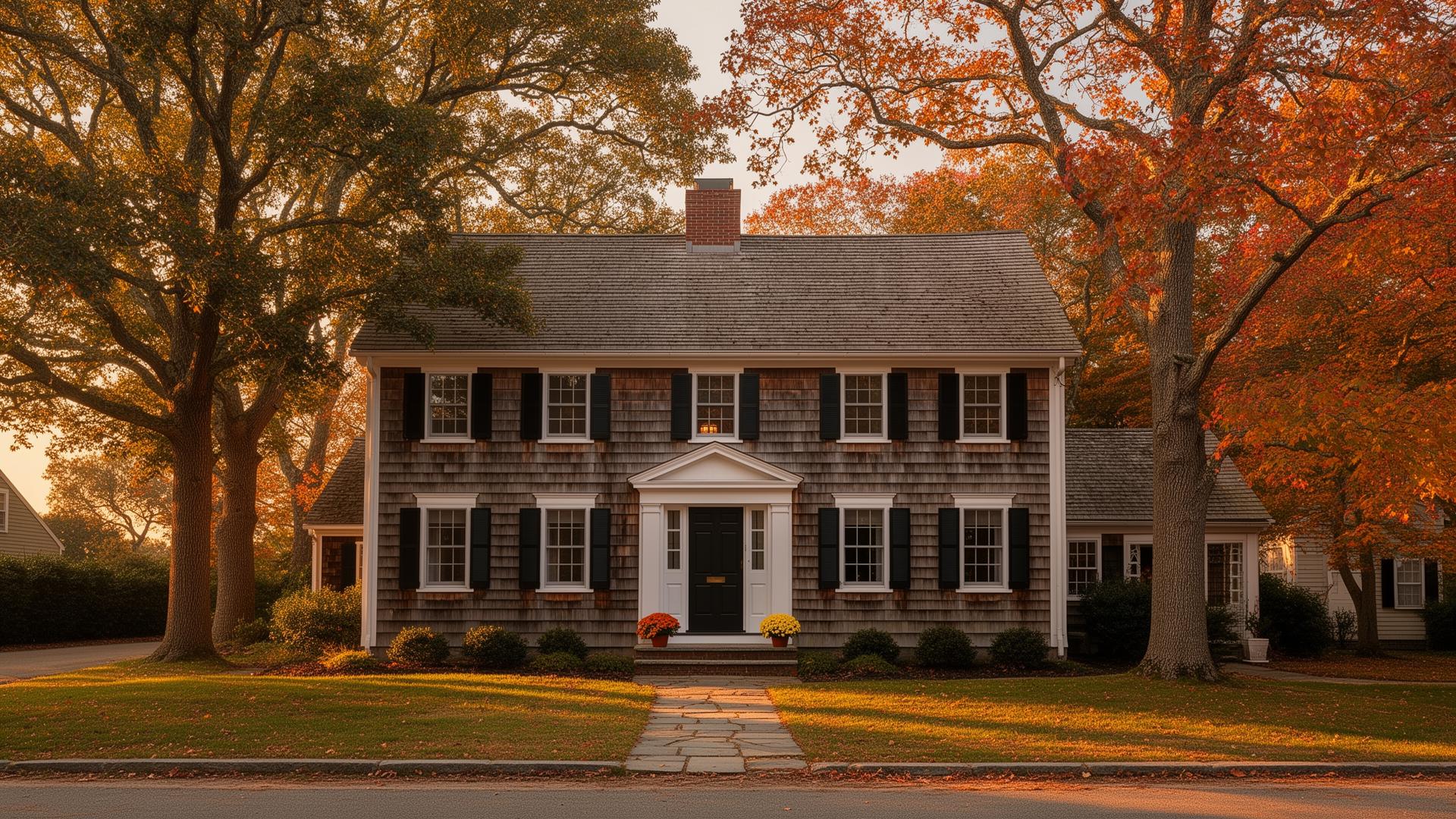 A New England colonial home in southeastern Massachusetts at golden hour