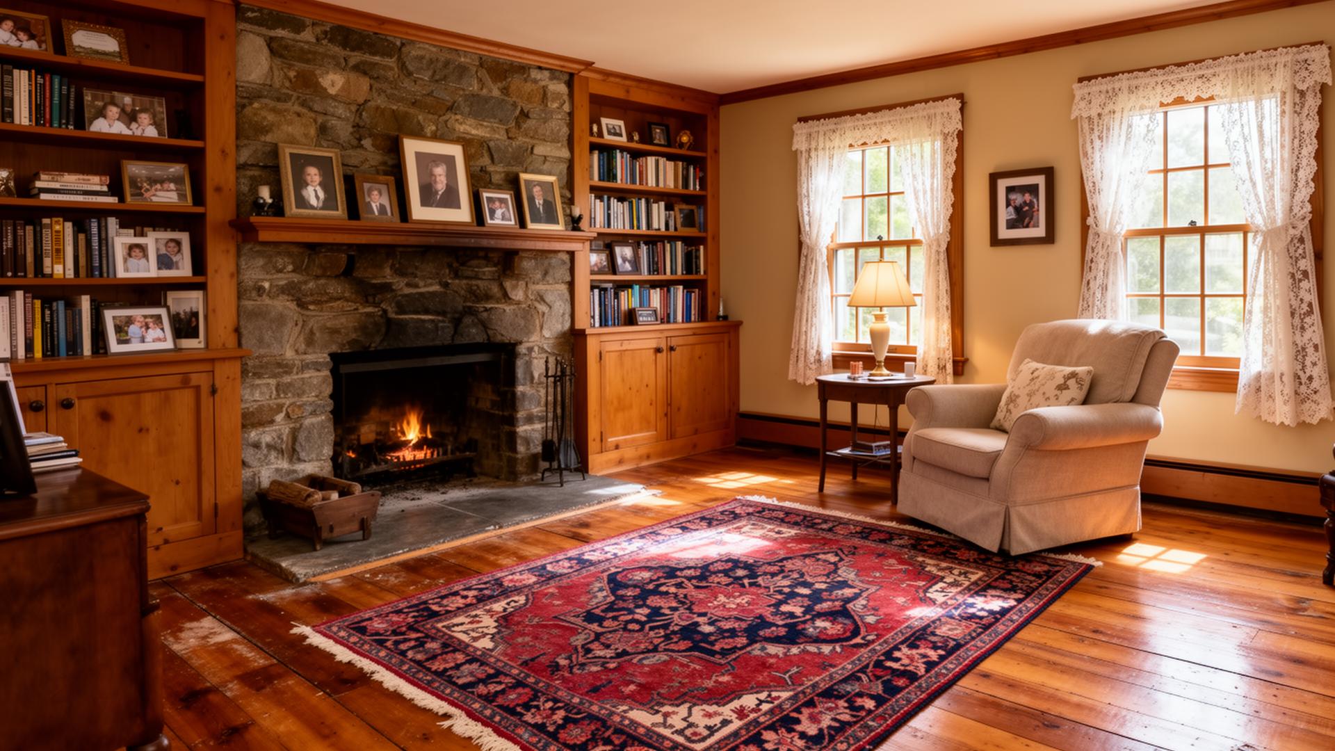 Warm interior of a longtime family home with a stone fireplace